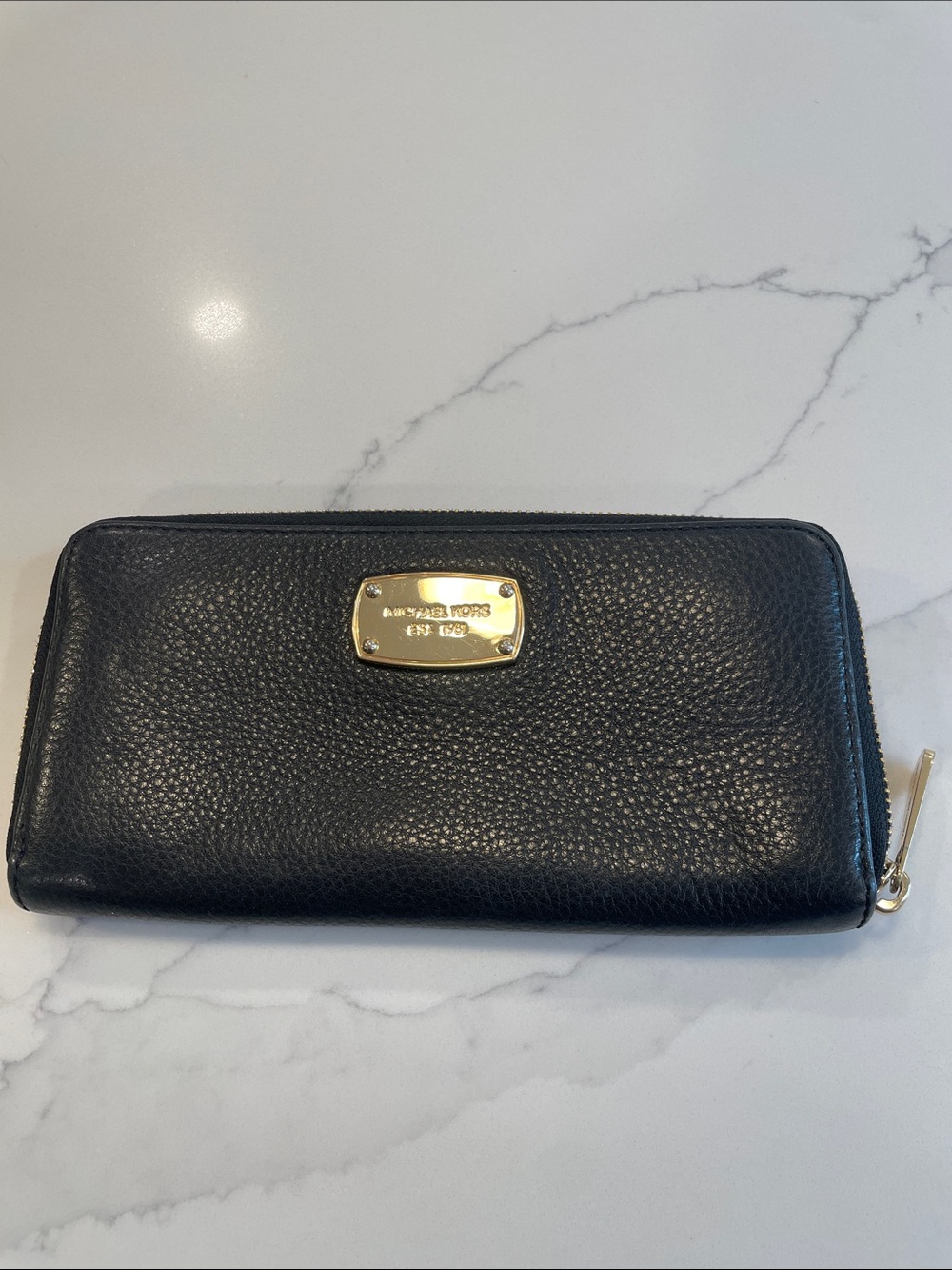 Michael Kors Black Leather Zip-Around Wallet with Gold Hardware